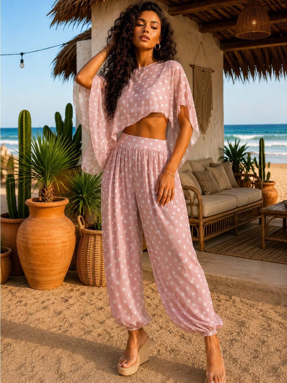 Polka Dot Pink High-Waist Elastic Jumpsuit Pants